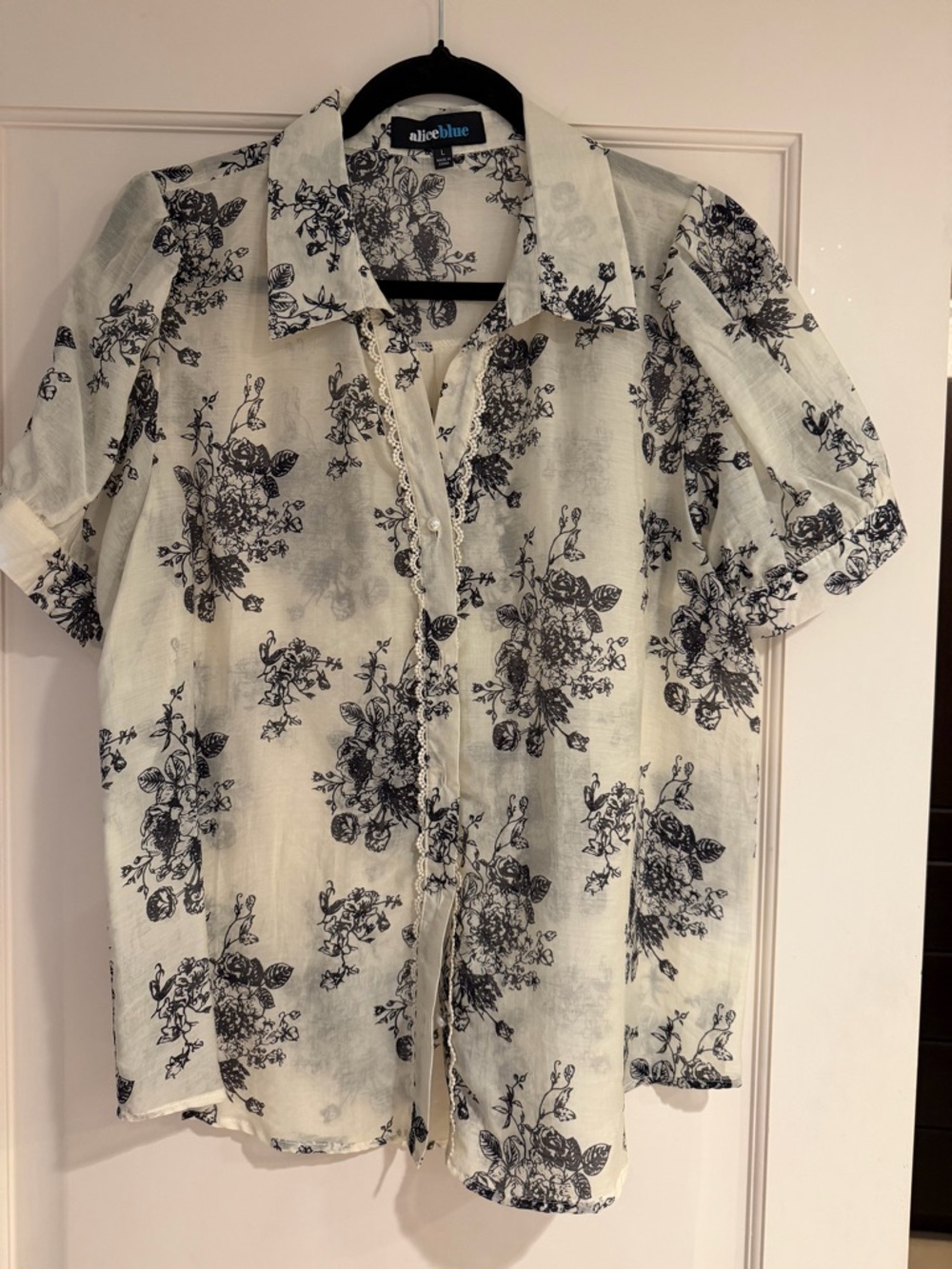 Alice Blue Black Floral Sheer Button-Up Blouse on Cream